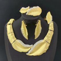 Unique Design Leaf Shaped Golden 4Pcs Jewelry Set for Women Choker Necklace Earring Bracelet Ring Bridal Wedding Party Gifts
