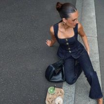 Street Denim Pants Set Women Sleeveless Single Breasted Slim Square Collar Tank High Waist Straight Jeans 2025 Summer Lady Suit