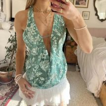 Sequined Swing Collar Halter Tops Women Festival Rave Sexy Backless Crop Tops Glitter Shinny Coquette Camis Club Party Vacation