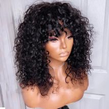 Glueless Curly Full Machine Made Scalp Top Wig with Bangs 200 Density Remy Brazilian Curly Human Hair Wigs for Black Women Luffy