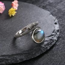 Vintage S925 Silver Snake Shaped Rings 10*12MM Natural Labradorite Moonstone Turquoise Fine Jewelry Wedding Gift
