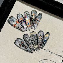 Handmade Press on Nails Egyptian Cat Pharaoh Cute False Nails Sweet Cool Spicy Girl Style Cat Eye Long Almond Fake Nail Tips