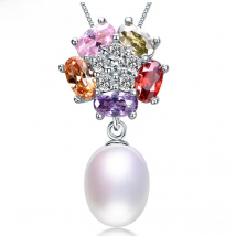 925 Sterling Silver Colorful Zircon Pendant Jewelry 100% Genuine Natural Freshwater Oval Pearl Necklace Women(No Chain)
