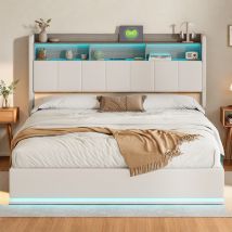 Letto imbottito Rosahqnda, letto matrimoniale idraulico con striscia luminosa a LED e ampio spazio di archiviazione, 140-160 x 200 cm, bianco/grigio
