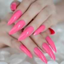 Hot Pink Extra Long False Nails Stiletto Tips Oval End Stilettos Fake Nail Rose Red Gel Manicure Artificial Nails Salon