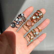 HUANZHI 2021 New Korea 8pcs/set Vintage Colorful Stone Metallic Chain Trendy Geometry Hit Rings Set for Women Girls Jewelry