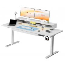 GTPLAYER Escritorio Elevable Eléctrico 120x60 cm con Cajones y Soporte Monitor Escritorio Ajustable para Oficina y Gaming Blanco