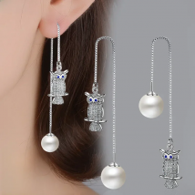 Solid 925 Sterling Silver Jewelry Cute Owl Elegant Zircon Pearl Drop Earrings For Woman Trendy New FQL20061