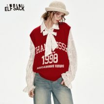 ELFSACK 2024 Winter Neuheiten Gefälschte zweiteilige Nähte Neujahr rot Revers Schleife Strickpullover für Frauen