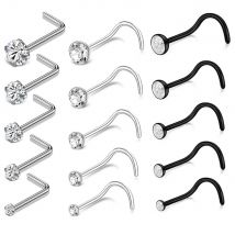 5pcs 1.5/2/2.5/3/3.5mm Crystals CZs Nose Studs L-Shaped Stainless Steel Nose Stud Rings Black Color Ear Nose Nostril Piercings
