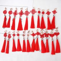 Chinese Style Red Tassel Pendant Earrings For Women Girls Fashion Ethnic Geometric Charms Clip Ear Jewelry Party Gifts