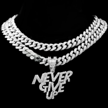 Hip Hop Men Women NEVER GIVE UP Letter Pendant Necklace Iced Out Bling Crystal 13mm Cuban Link Chain Necklaces Rock Jewelry Gift