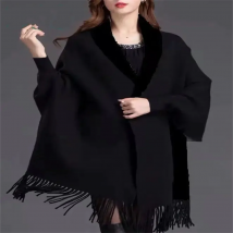 Women Cape Solid Black New Long Batwing Sleeves Outside Winter Plus Size Knitted Poncho Outside Streetwear Warm Tassel Coat
