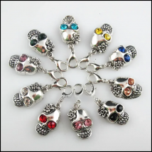10Pcs Tibetan Silver Tone Skull Retro Mixed Round Crystal 13x22mm With Lobster Claw Clasps Charms