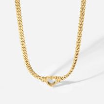 Gold Plated Stainless Steel Flat Chain Heart Love Pendant Choker Necklace for Women Waterproof Statement Jewelry Gift