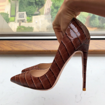 Tikicup Coffee Brown Crocodile Effect Women Pointy Toe High Heel Party Shoes Soft Comfortable Sexy Stiletto Pumps Plus Size