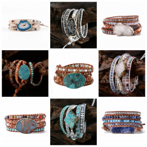 Unique Mix Strands Leather Bracelet Multicolor Natural Stone Woven Wrap Bracelets Bohemian Bracelet Drops Hipping
