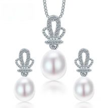 Dainashi 8-9mm Crown Natural Pearl Pendant Earrings 925 Sterling Silver Jewellery Sets White Pink Purple Water Drop Pearl