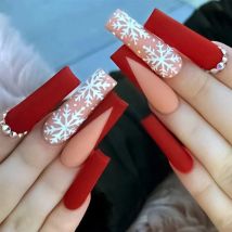 24pcs Christmas Press On Nails Long Ballerina V-shaped French Stripe Designs Winter Xmas Snowflake Acrylic Full Cover False Nail