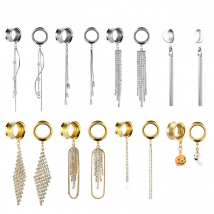 EARKUO Popular Stainless Steel Square Bar Chains Dangle Ear Plugs Piercing Gauges Tunnels Body Jewelry Earring Stretchers 2PCS