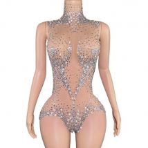 Sparkly Rhinestones Bodysuit for Women Sexy Mesh See Through Performance Dance Costume Singer Dancer Show Stage Wear