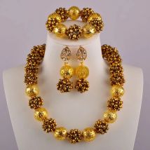 beautiful nigerian beads costume necklace crystal ball bead gold plated african jewelry set 1-6JSQ-02