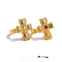 Yhpup Vintage Colorful Cubic Zirconia Cross Open Adjustable Golden Ring Stainless Steel PVD Plated Trending Finger Jewelry Gift