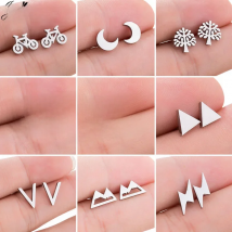 Small Stainless Steel Earrings Women Punk Jewelry Fashion Moon Leaf Scissors Snow Mountain Stud Earring Best Gift for Friends