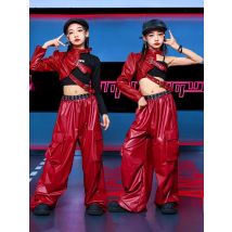 Kid Hip Hop Clothing T Shirt Crop Top Wine Red Arm Sleeve Faux Leather Casual Cargo Pants for Girl Jazz Dance Costumes Clothes
