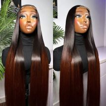 Human Hair Glueless 4by4 Closure Ombre Black Brown Straight Wig for Woman Brazilian Pre Plucked 13x4 HD Lace Frontal Colored Wig