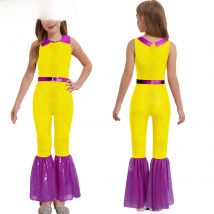 Girls Retro Party 60s 70s Hippie Costume Disco Diva Trendy Sequin Dance Jumpsuit Sleeveless Metallic Bell-Bottom Dance Bodysuit