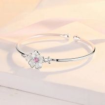 ZDADAN 925 Sterling Silver Flower Open Cuff Bracelet For Women Fashion Wedding Jewelry
