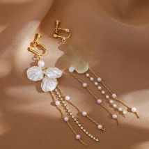 2022 Korean New Arrival Pearl Flower Clip on Earrings Long Temperament Pearl Chain Tassel Non-piercing Earrings Women's Jewelry