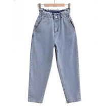 XNWMNZ Women baggy paperbag High-waist jeans elastic waist front pockets front zip metal top button Female pants High quality