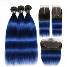 Blue Bundles With Closure Ombre Straight 3 Bundles With Lace Frontal Ear To Ear Dark Black Roots Remy Brazilian Human Hair Pack