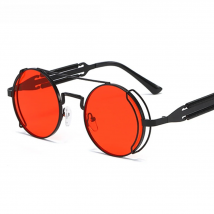 VIVIBEE Steampunk Sunglasses Men Round Red Lens Punk Sun Glasses Black Metal Gothic Style 2025 New Products Women UV400 Shades