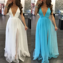 New Sexy Hot Sale deep V-neck Women Summer Long sexy Evening Party tulle Dress Beach Dresses Sundress Long Dress Beach Dress