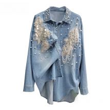 WTHT Fashion Heavy Industry Embroidery Flower Rivet Denim Shirt 2025 Spring Lapel Long Sleeves Buttons Blouse Female 1LS648