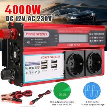 Inversor de corriente de 12V a 220V y 4000W, pantalla LCD, enchufe europeo, inversor Solar, USB Dual, carga rápida para teléfonos, portátiles y coches