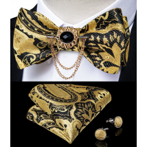 Luxury Gold Black Paisley Self Tie Men's Bow Tie Silk Woven Wedding Party Butterfly Ties Hanky Brooch Pin Set Tuxedo Bow DiBanGu