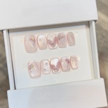 10pcs Handmade Short Cat Eye Press on Nails Mermaid Tail Pearl Design Fake Nails Wearable Detachable Sweet Pink False Nail Tips