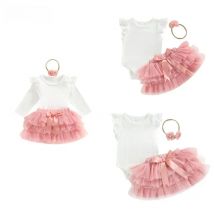 Blotona Baby Girls My First Birthday Outfits, Cute Sleeveless Floral Lace Romper + Tutu Skirt + Headband Set, 0-18Months