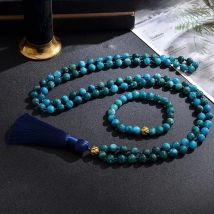 8mm Apatite Beaded Knotted 108 Mala Necklace Bracelet Set Meditation Yoga Prayer Jewelry Japamala Rosary for Men and Women