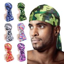 Fashion Camouflage Printed Long Tail Pirate Hat Silky Satin Durags Bandana Men's Silky Durags Turban Hat Adjustable Headwrap
