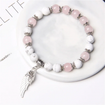 Handmade Silver Color Rose Angel Wing Pendant Bracelet Natural Pink Quartz Crystal Beads Charm Bracelet Women Romantic Jewelry