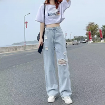 Pierced High Waist Jeans Women's Spring and Summer Thin Straight Tube Loose 2022 New Fashion Casual Thin Wide Leg Pants