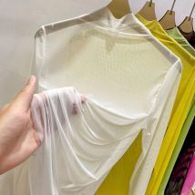 Transparent Gauze Bottoming T-shirt Women Clothing Summer Long Sleeved T-shirt with Gauze Shirt Half High Collar Sunscreen 2024