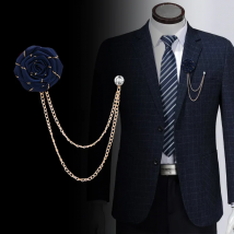 Korean Style Handmade Rose Flower Brooch Pin for Men Wedding Groomsmen Tassel Chain Lapel Accessory Cloth Art Suit Badge