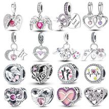 Real 925 Sterling Silver Pink Series Heart Charms Beads Fit Qikaola 925 Original Bracelets DIY Mother's Day Jewelry Gift For Mom