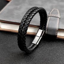 Mingao MF Double Leather Braided Stainless Steel Men's & Women Bracelets With Black/Brown Charm Magnet Clasp Custom Accessors